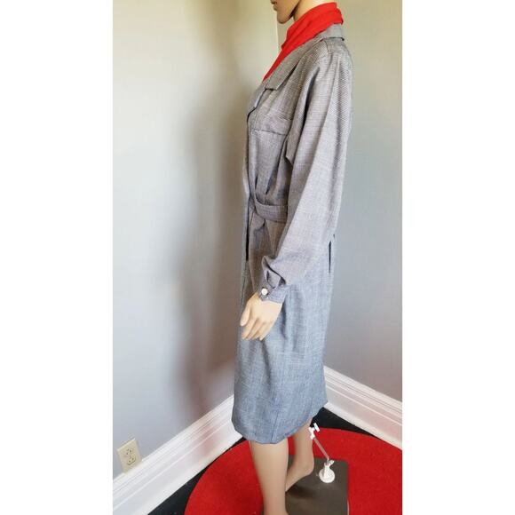 70s Vintage Stuart Alan Navy & White Houndstooth Faux Wrap Dress - M - Picture 2 of 6